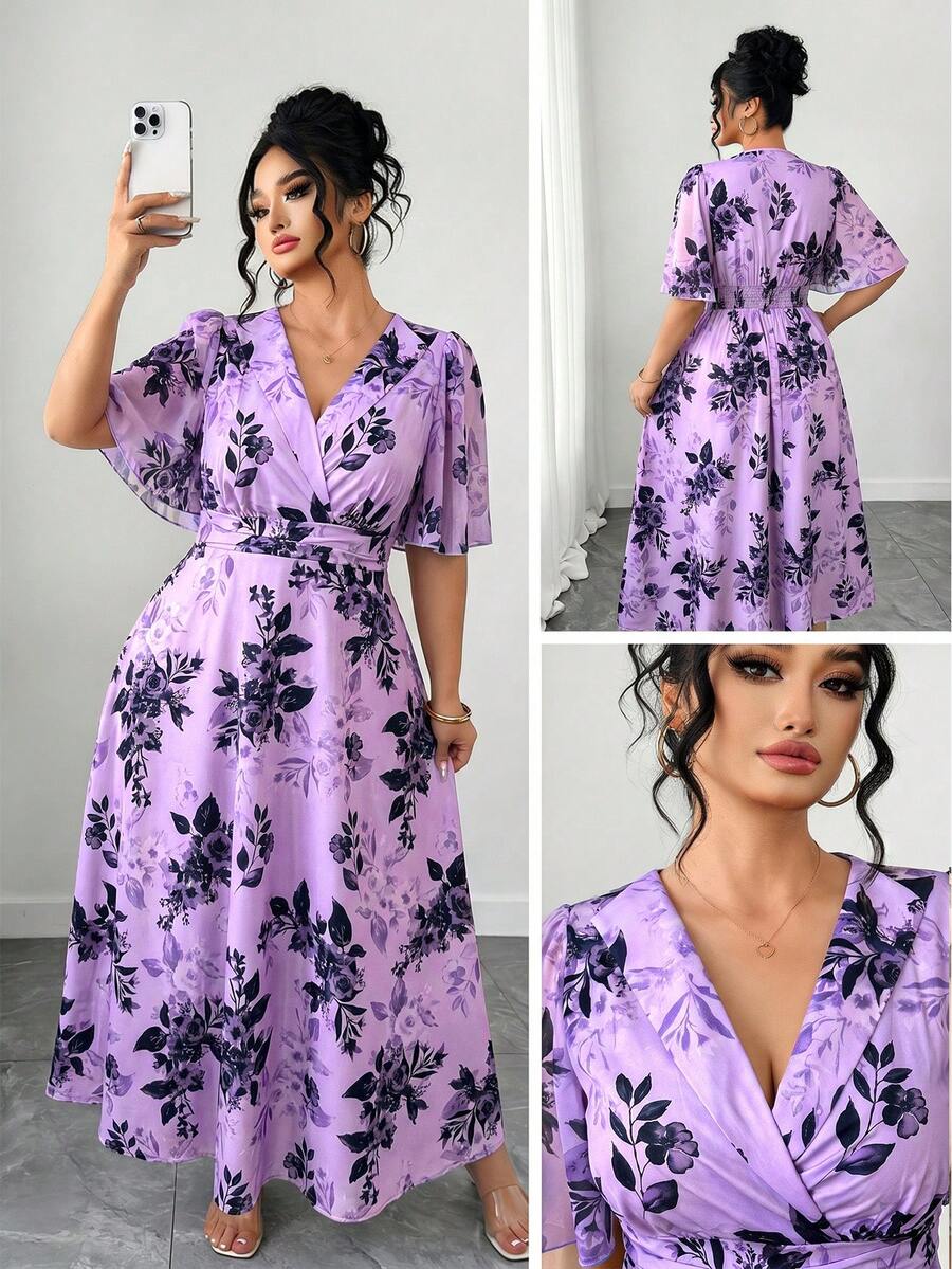 SHEIN Clasi 大码女式V领印花褶皱休闲派对连衣裙 - 淡紫色 - 查看 1