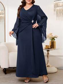 Reflora Plus Size Women V-Neck Faux Pearl Decor Ruched Casual Elegant Party Dinner Formal Wedding Guest Dress Navy Blue Autumn Fall - Navy Blue - View 6