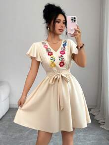 Elenzga Đầm hè nữ in hoa cổ chữ V có thắt lưng - Màu be - Xem 6