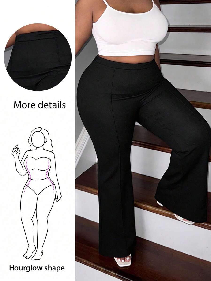CurvyTilda Pantalones de campana de talle alto de talla grande, sólidos y ajustados al Body - Negro - Ver 1