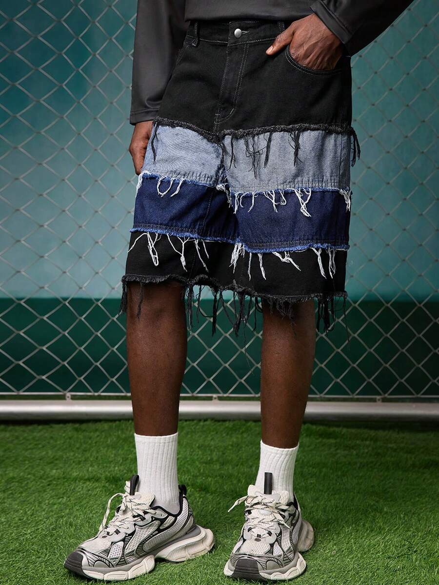 Unisex American Style Distressed Hem Denim Shorts Men Denim Patch Shorts  Jorts Men - Multicolor - View 1