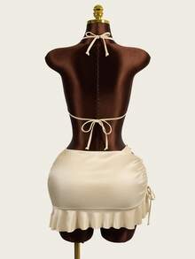 Zestiva Bộ bikini trơn màu gợi cảm dành cho nữ, đồ bơi trang trí cho kỳ nghỉ biển, đám cưới & sự kiện, bộ đồ bơi có váy, bộ đồ bơi 3 mảnh, ngày Valentine, thanh lịch, bikini màu kem. - trắng - Xem 2