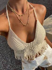 DAZY Conjunto de verano para vacaciones en la playa para mujer con camiseta de tirantes con cuello halter, bajo con flecos y diseño calado - Blanco - Ver 6