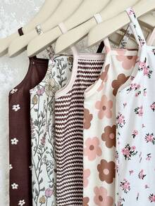 SHEIN LMoss Kids 5件套女婴休闲针织条纹碎花连体衣 - 彩色 - 查看 4