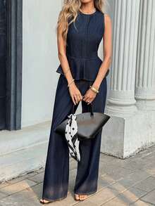 2pcs/Set Navy Blue Denim Sleeveless Loose Ruffle Hem Top And Pants For Teen Girls - Blue - View 5