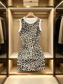 Resyla Women's Leopard Print Contrast Color Round Neck Sleeveless Dress, Suitable For Dates - Multicolor - View 4