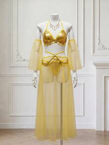 Fantasy Costume Fantasy Costume 四件套：异域风情亮片铃铛、网纱长裙、女士内衣套装 - 黃色 - 查看 9