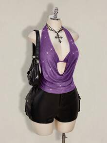 SHEIN ICON Bộ 2 món cỡ lớn dành cho mùa hè, đi biển, Hawaii, dự tiệc, dạ hội, hòa nhạc, câu lạc bộ, lấp lánh, hở lưng. - Màu tím - Xem 6