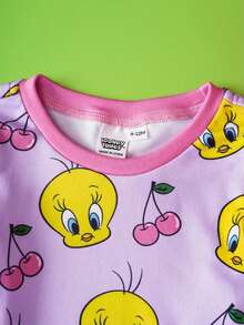 LOONEY TUNES X SHEIN Conjunto de pijama de ajuste ceñido con camiseta de manga larga y pantalones con estampado de Tweety Bird y cerezas, diseño lindo y dulce para niña bebé - Morado - Ver 5