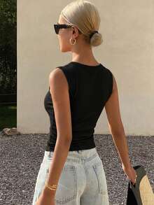 DAZY Women's Square Neck Fitted Ribbed Camisole Top, Summer Top - Black - View 3