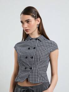 COUREZ 女款短袖雙排扣修身襯衫 格紋 Y2K 2000s 70s 90s 學院風復古復古夏季穿搭 黑色小方格畢業之夜 - 黑色 - 查看 7