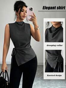 Elenzga Áo kiểu nữ không tay xếp ly vạt bất đối xứng thanh lịch, chất liệu vải giả denim, cổ cao, áo sơ mi xanh thời trang cho mùa xuân/hè. - màu đen - Xem 1