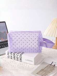 1PC Heart Print Mesh Makeup Bag - Boho Purple Toiletry Cosmetic Purse With Zipper Portable Organizer For Home Office Travel Christmas Gift - Purple - View 8
