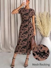 Vestido de manga corta con cuello redondo, ajustado y de longitud media con estampado floral abstracto verde, adecuado para salidas de moda diarias - Albaricoque - Ver 3