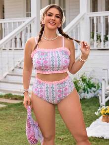 Swim Mod Women's Spring/Summer Spaghetti Strap Regular Shorts Beach Resort Plus Size Swimwear Set - Pink - View 3