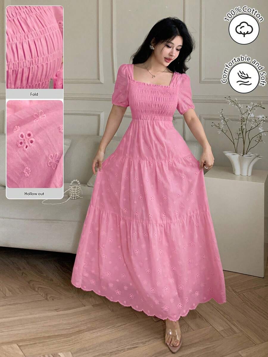 Modelyn French Square Collar Petal Sleeve Hollow Embroidery Cinched Waist A-Line Dress For Women