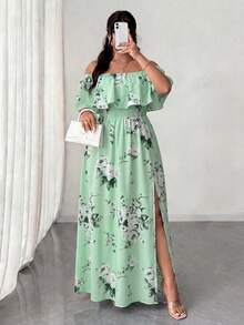 Elenzga Plus Size Women's Light Green Floral Print Dress,Off Shoulder Ruffle Hem Waist Pleated Maxi Summer Boho Vacation Holiday Dress For Travel - Multicolor - View 3