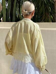 Livesso Spring Summer Yellow Lace Patchwork Loose Solid Color Women's Regular Jacket - Yellow - View 2