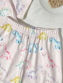 SHEIN 2pcs/Set Baby Girls' Cute Colorful Dinosaur Print Short Sleeve Cardigan Top And Shorts Comfortable Pajamas Set, Summer - Multicolor - View 5
