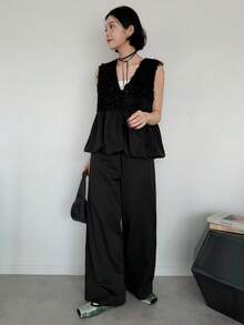FRIFUL 女士夏季纯色毛绒质感面料拼接透视网纱褶皱宽松休闲百搭无袖两件套 - 黑色 - 查看 7