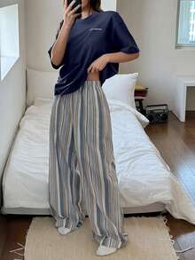 DAZY 2pcs Women Summer Casual Letter Print Loose T-Shirt Top And Striped Pajama Pants Sleepwear Set - Navy Blue - View 5