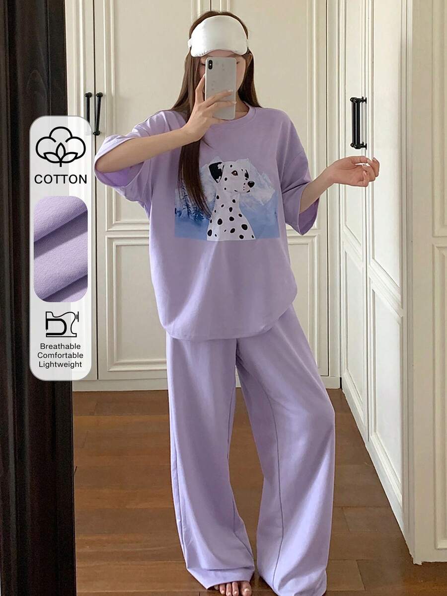 DAZY Print Loose Women Pajama Set - Light Grey - View 1