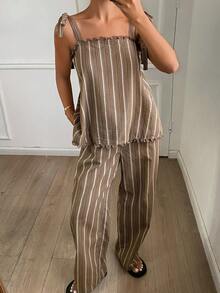 DAZY Women's Comfortable Striped Camisole & Pants Pajama Set Summer - Coffee Brown - View 6
