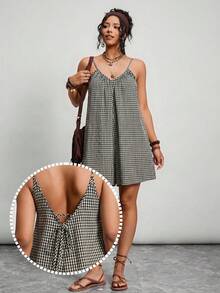 Freevana Plus Size Print Jumpsuit, Deep V-Neck Backless Tie Strap Colorful Retro Pattern Vacation Shorts For Women, New Arrival - Black and White - View 7