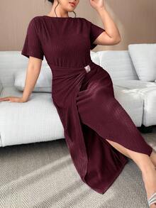 Modelyn Plus Size Elegant Solid Color Wrap Dress, Summer - Burgundy - View 6