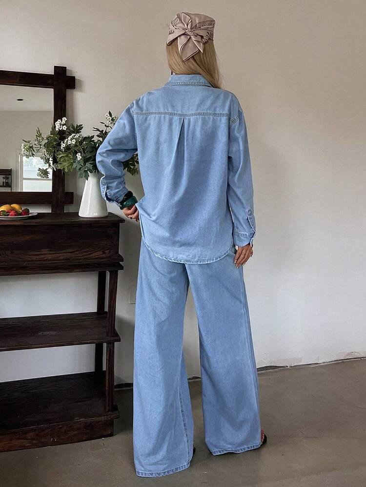 Women's Loose Casual Long Sleeve Shirt And Straight Leg Jeans Set, Spring & Summer