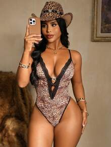 SHEIN 女士豹纹蕾丝拼接性感连体裤 - 彩色 - 查看 4