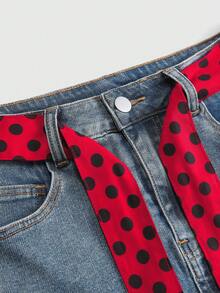 ROMWE Avant Y2K Lace Patchwork Seven-Star Ladybug Embroidered Polka Dot Low-Waist Vintage Denim Mini Skirt For Women - Blue - View 3