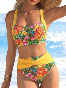 Swim Lushoire Bộ bikini nữ in họa tiết hoa nhiệt đới rực rỡ, áo croptop bản rộng, cạp cao phối màu tương phản, thích hợp cho kỳ nghỉ hè trên bãi biển. - Nhiều màu - Xem 1