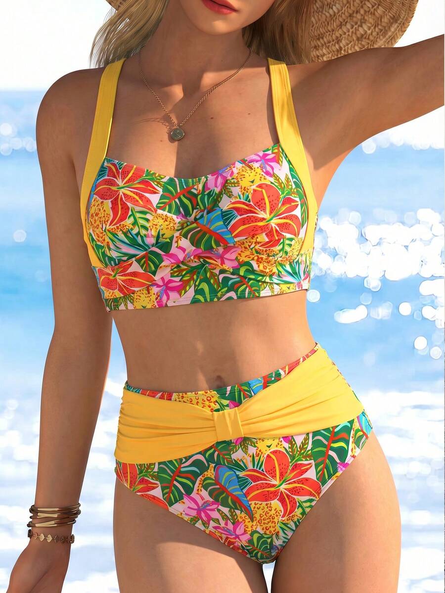 Swim Lushoire Bộ bikini nữ in họa tiết hoa nhiệt đới rực rỡ, áo croptop bản rộng, cạp cao phối màu tương phản, thích hợp cho kỳ nghỉ hè trên bãi biển. - Nhiều màu - Xem 1