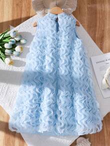 Vestido de niña sin mangas de unicolor, elegante, con textura, cuello redondo y volantes, cómodo para usar en verano, en la escuela o en fiestas - Azul - Ver 3