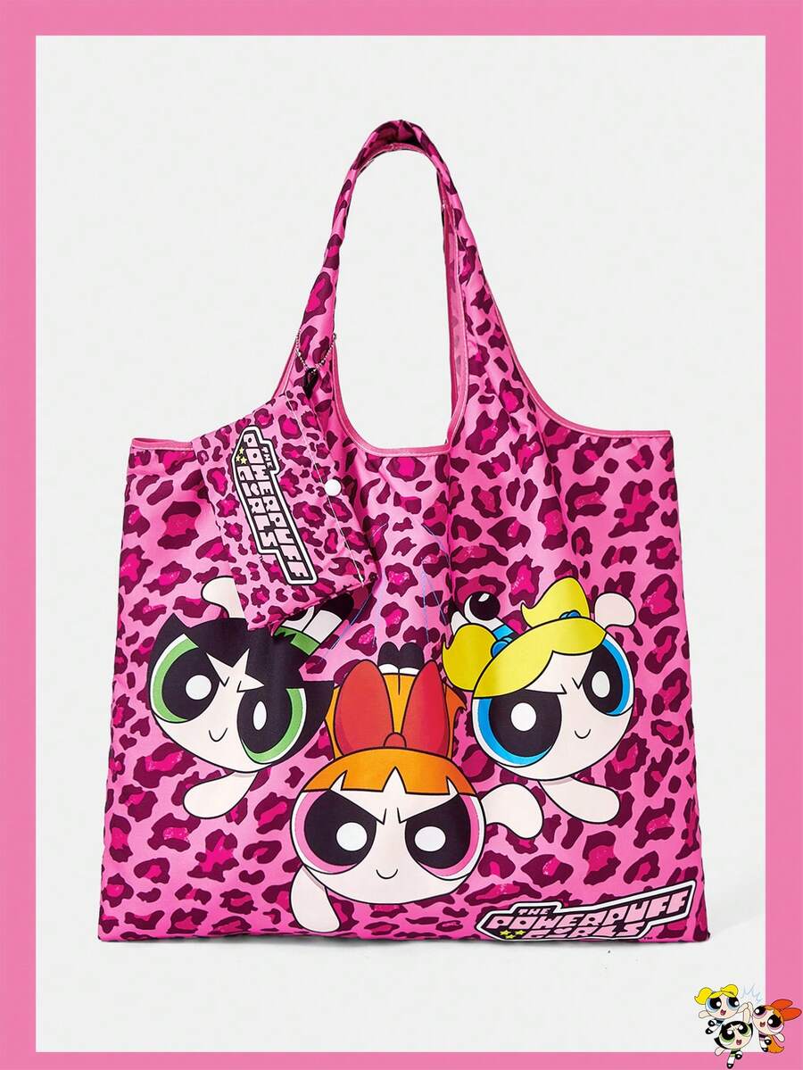 THE POWERPUFF GIRLS X SHEIN 1 件装,豹纹飞行女警图案折叠购物袋,大容量防水手提袋。 - 玫紅色 - 查看 1