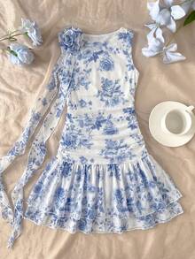 SHEIN Tween Girl Elegant White And Blue Floral Print Dress,Summer Holiday Vacation French Ruffle Trim 3D Floral Decor Sleeveless Asymmetrical Short Dress - Blue - View 2