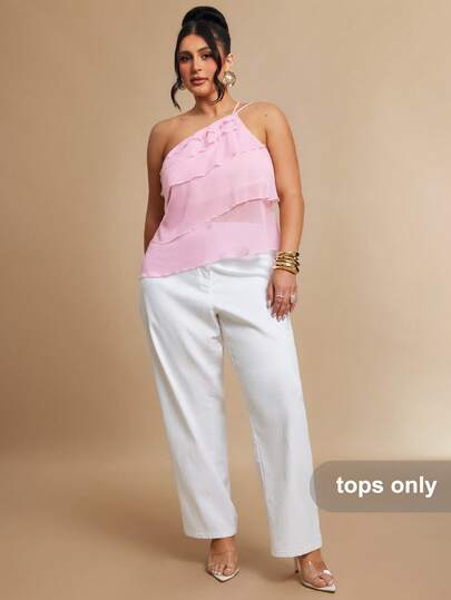 SHEIN BAE CURVE Plus Size Women Pink Ruffle Trim One Shoulder Top
