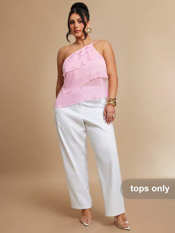 SHEIN BAE CURVE Plus Size Women Pink Ruffle Trim One Shoulder Top