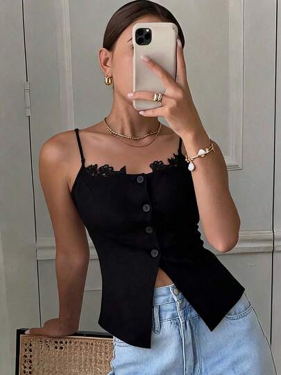 DAZY Vestă elegantă de vară pentru femei, culoare solidă, cu talie înaltă, cu dantelă, camisol