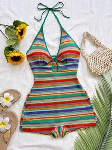 Soleia Green Striped Multicolor Knitted Halter Backless Mini Jumpsuit,Summer Boho Beach Vacation Pride Month Carnival Party Halloween New Year Date Romper - Multicolor - View 5
