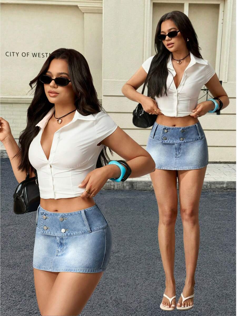 Flexra Minifalda de mezclilla lavada casual de mujer, verano - Lavado ligero - Ver 1