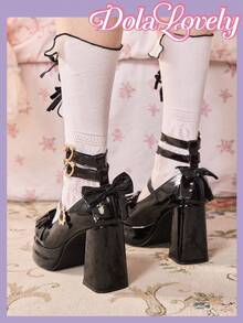 Dola Lovely Giày cao gót đen nữ kiểu Mary Jane đế xuồng, phong cách Lolita, phong cách Goth, phong cách Y2K. - Bướm đen - Xem 4