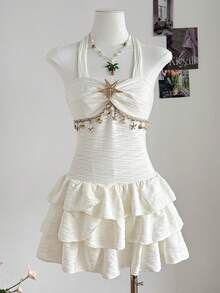 SHEIN Teen Girl Halter Starfish Shell Decor Ruffle V-Neck Floral Knit Textured Tiered Cake Dress For Summer,Beach,Holiday,White Cruise Island Vacation - White - View 5