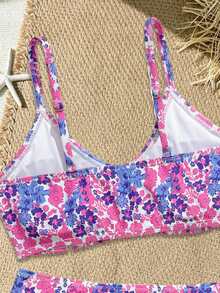 SHEIN Conjunto de bikini con estampado floral diminuto y colorido para niñas preadolescentes, top con nudo central, Bottom con nudo lateral, traje de baño de 2 piezas, elegante y casual, adecuado para nadar, vacaciones, verano - Amarillo - Ver 4