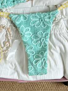 Swim Mod Bikini Segitiga Dua Potong Tanpa Punggung Leher V Bolak-balik Motif Bunga Matahari Hijau Mint & Manis untuk Wanita, Cocok untuk Musim Panas, Pesta Pantai, dan Liburan. - Cadet Blue - View 4