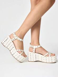 ROMWE Grunge Punk Ladies, Spike Buckles, Lame-Heeled Platform Sandals. - White - View 1