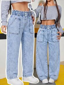 Tween Girl Casual Boho Holiday Paperback Waist Flat Pockets Mom Jeans With Button Front, Daily - Light Wash - View 4