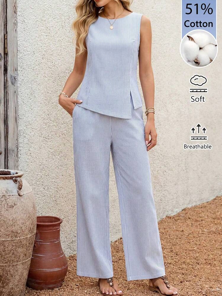 Women's Casual Elegant Vacation Commute Blue And White Stripe Print Sleeveless Top And Wide Leg Pants 2 Pieces Set, Summer Outfits For Women Workwear Outfits Casual Sets For Women Vacation Outfits Women Holiday Outfits For Women Two Piece Set For Women Casual Sets For Women Matching Sets For Women Sets Women's Two Piece Sets Cotton Women's Clothing