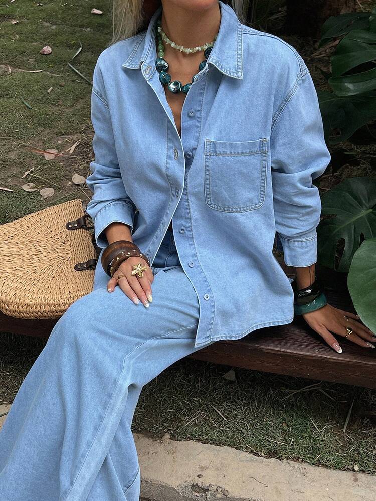 Women's Loose Casual Long Sleeve Shirt And Straight Leg Jeans Set, Spring & Summer
